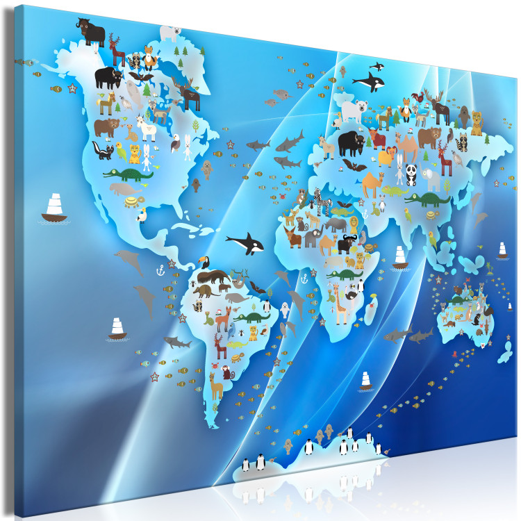 Canvas Art Print A world full of animals - Blue continents with animal images 135136 additionalImage 2