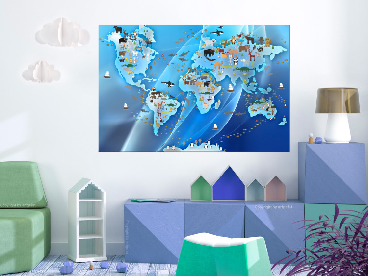 Canvas Art Print A world full of animals - Blue continents with animal images 135136 additionalImage 3