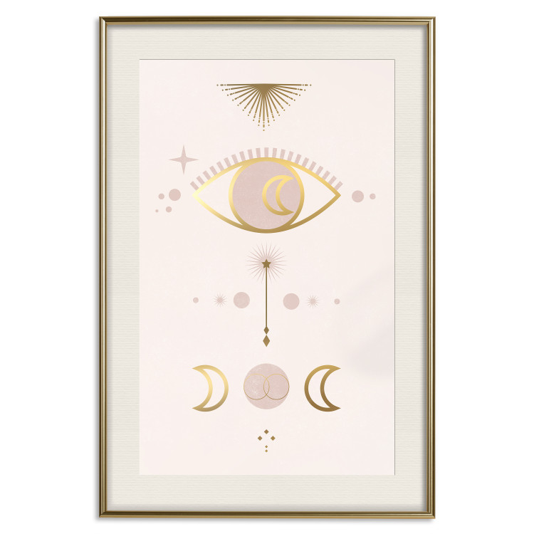 Poster Magical Evening - golden abstraction with moons and an eye on a light background 136536 additionalImage 25