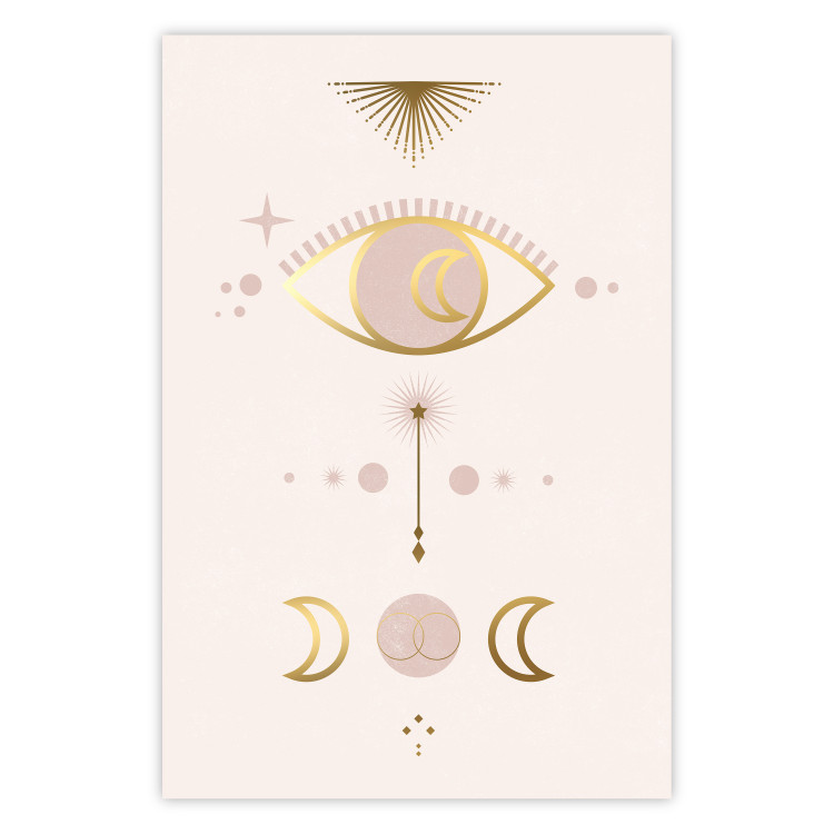 Poster Magical Evening - golden abstraction with moons and an eye on a light background 136536