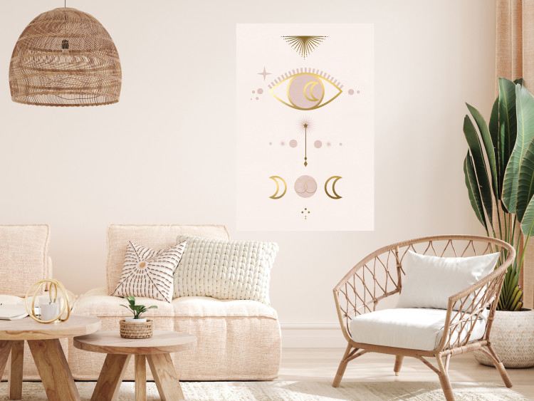 Poster Magical Evening - golden abstraction with moons and an eye on a light background 136536 additionalImage 16