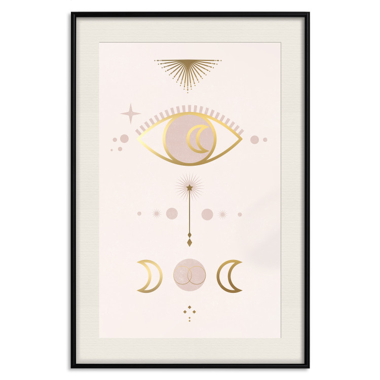 Poster Magical Evening - golden abstraction with moons and an eye on a light background 136536 additionalImage 24