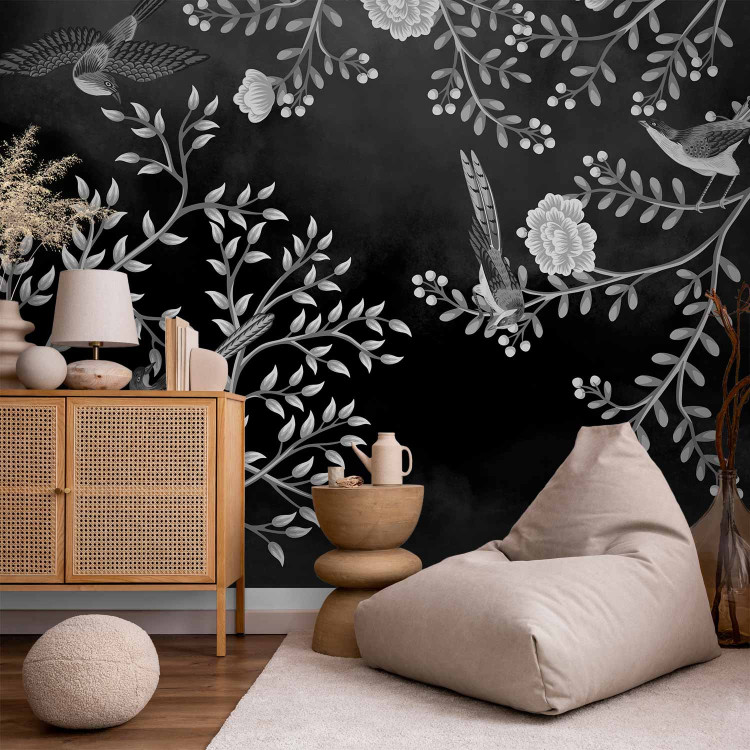 Wall Mural Birds Among Branches - Black and White Composition Inspired by Nature 138836