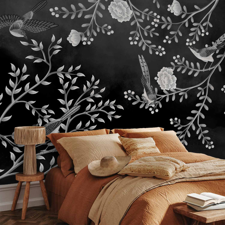 Wall Mural Birds Among Branches - Black and White Composition Inspired by Nature 138836 additionalImage 2