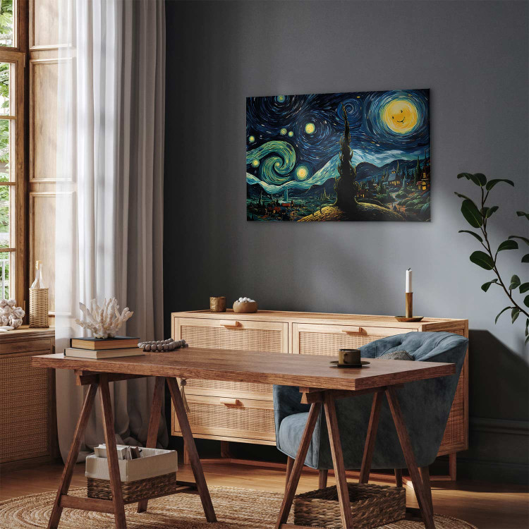 Canvas Starry Night - A Landscape in the Style of Van Gogh With a Smiling Moon 151036 additionalImage 5