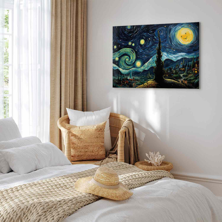 Canvas Starry Night - A Landscape in the Style of Van Gogh With a Smiling Moon 151036 additionalImage 10
