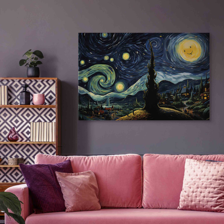 Canvas Starry Night - A Landscape in the Style of Van Gogh With a Smiling Moon 151036 additionalImage 3