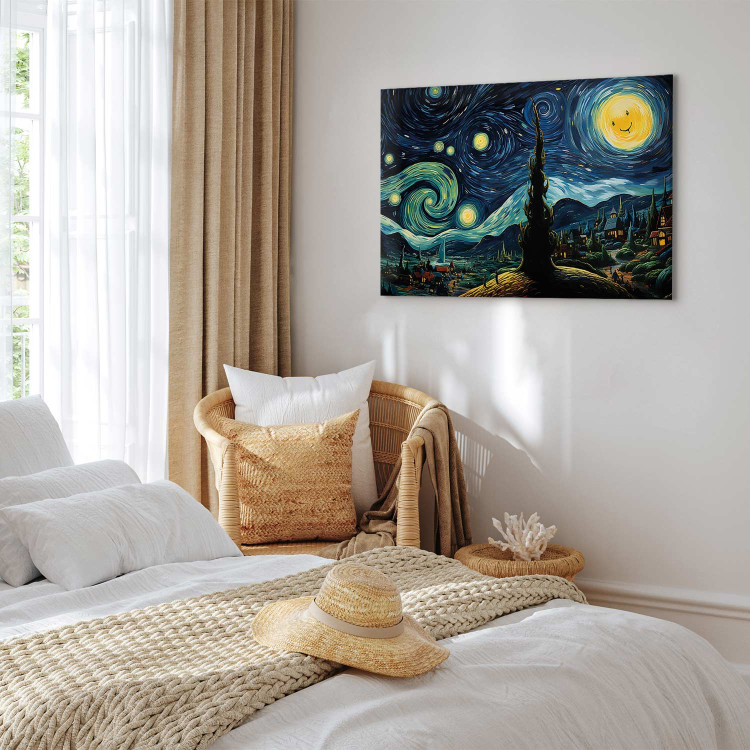 Canvas Starry Night - A Landscape in the Style of Van Gogh With a Smiling Moon 151036 additionalImage 4