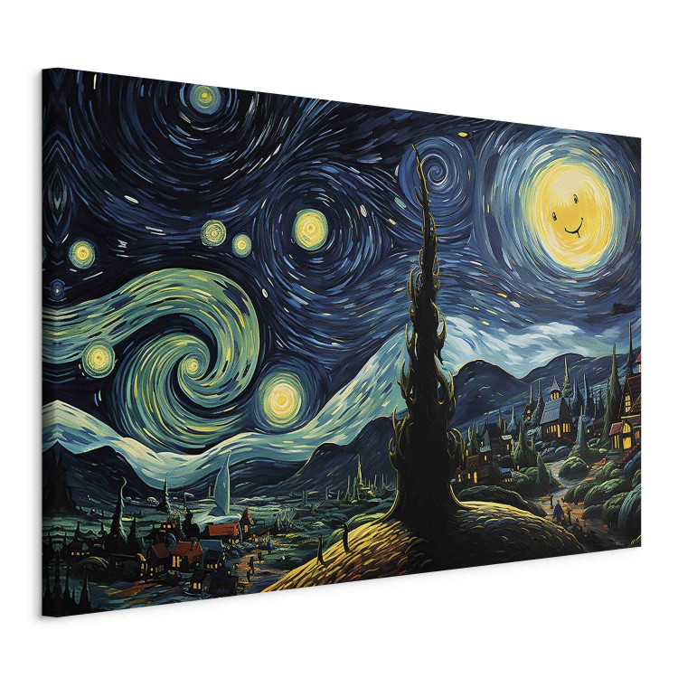 Canvas Starry Night - A Landscape in the Style of Van Gogh With a Smiling Moon 151036 additionalImage 2