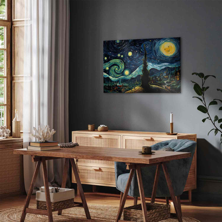 Canvas Starry Night - A Landscape in the Style of Van Gogh With a Smiling Moon 151036 additionalImage 11