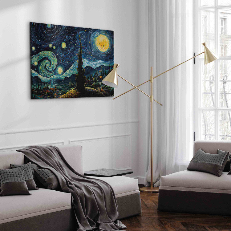 Canvas Starry Night - A Landscape in the Style of Van Gogh With a Smiling Moon 151036 additionalImage 5