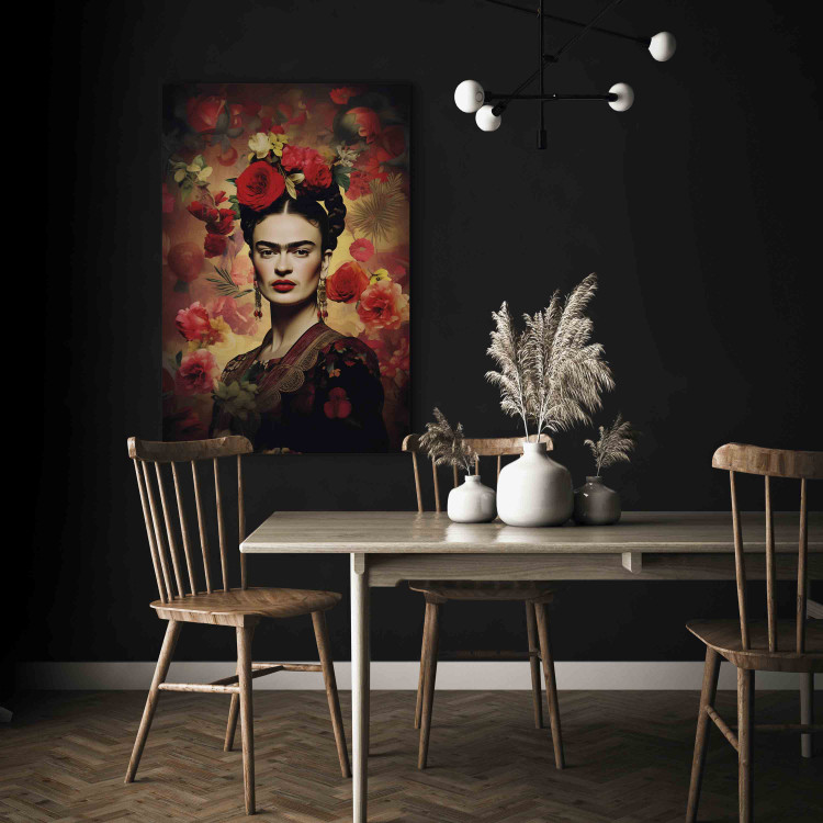 Large canvas print Frida Kahlo - Portrait With Roses and Leaves on a Dark Brown Background [Large Format] 152236 additionalImage 6