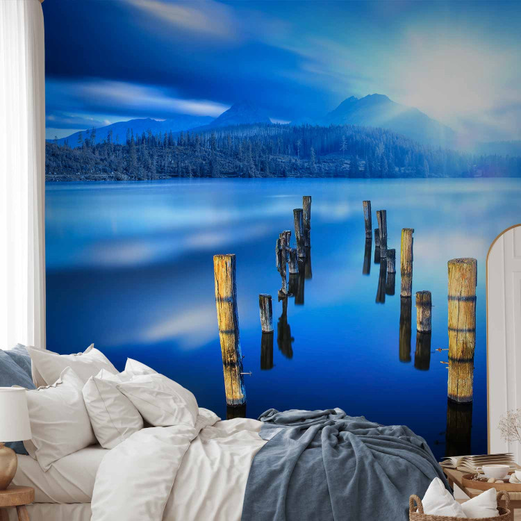 Wall Mural Moment of Solitude - landscape with a lake, forest, and mountains in the sunlight 59736 additionalImage 2