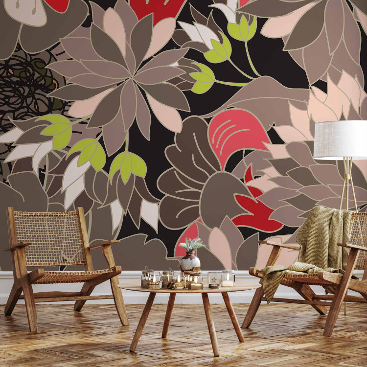 Wall Mural Abstraction - Imaginary Flowers with Colorful Accents on a Black Background 60736