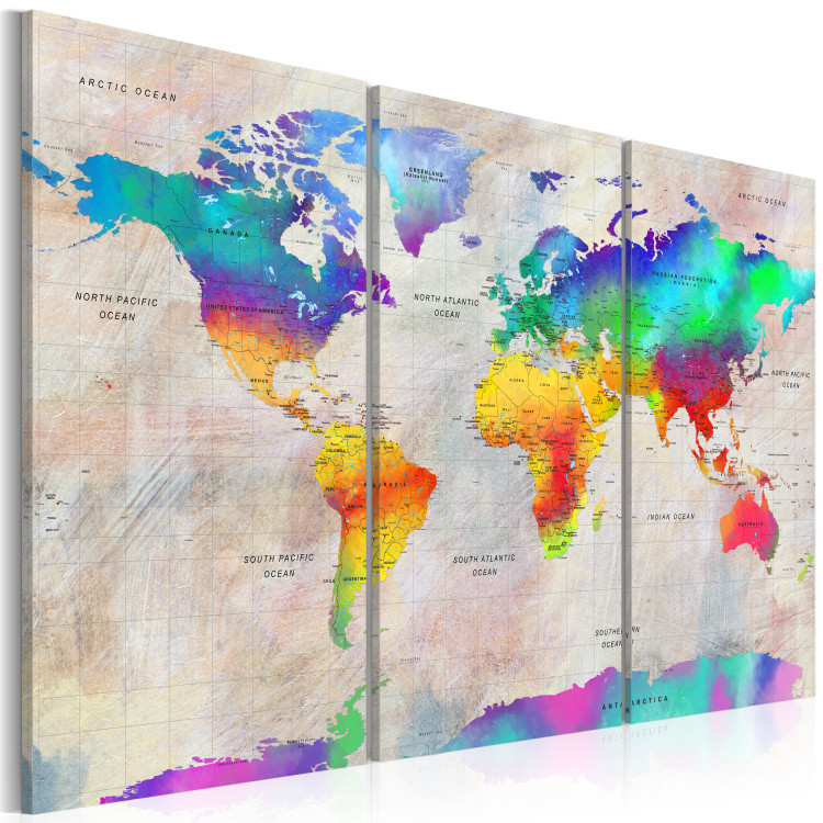 Canvas Continents in Color Palette (3-part) - Rainbow-Colored World Map 96136 additionalImage 2