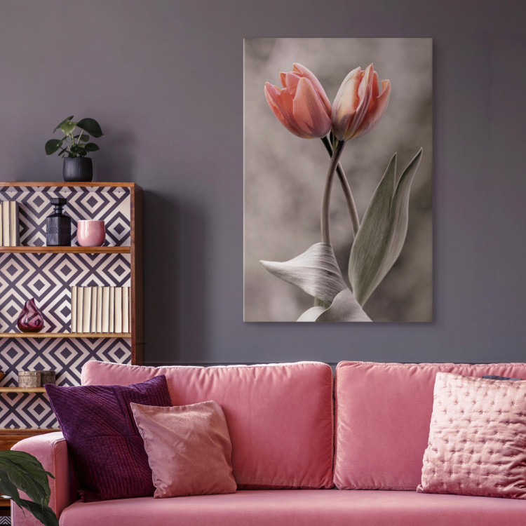 Canvas Print Spring Dance - Romantic Pink Tulip Flowers on Gray Background 98136 additionalImage 9