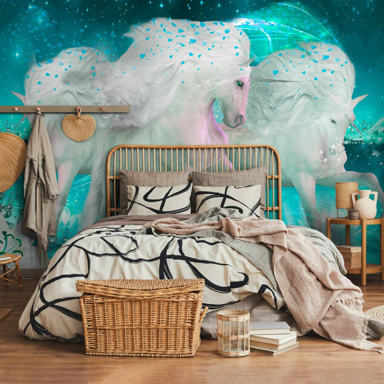 Wall Mural White unicorns - magic motif in turquoise shades with sparkle 107246 additionalImage 2