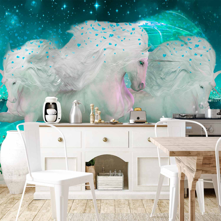 Wall Mural White unicorns - magic motif in turquoise shades with sparkle 107246 additionalImage 6