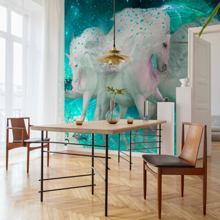 Wall Mural White unicorns - magic motif in turquoise shades with sparkle 107246 additionalImage 7