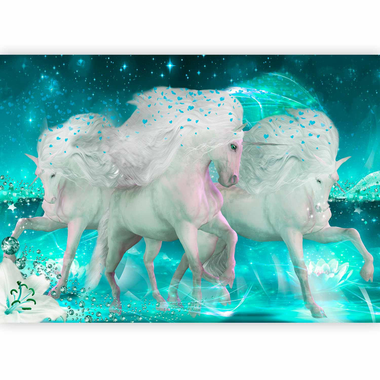 Wall Mural White unicorns - magic motif in turquoise shades with sparkle 107246 additionalImage 5