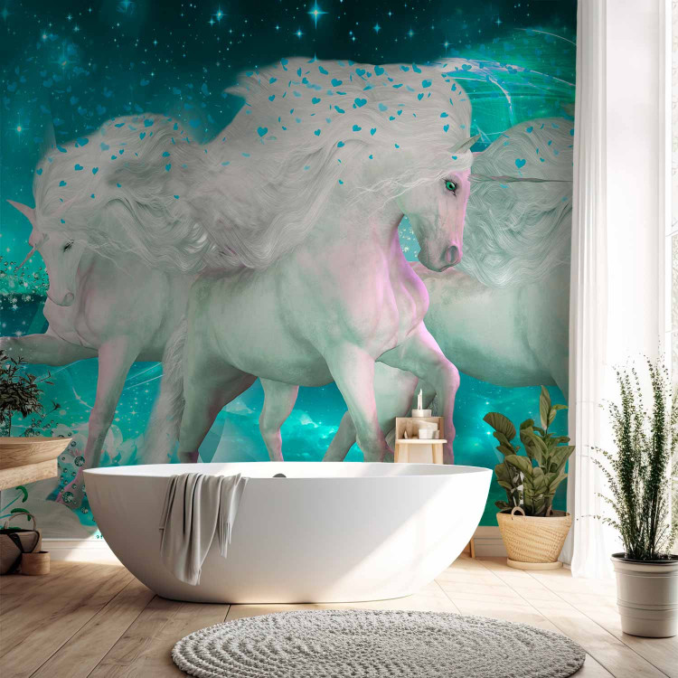 Wall Mural White unicorns - magic motif in turquoise shades with sparkle 107246 additionalImage 8