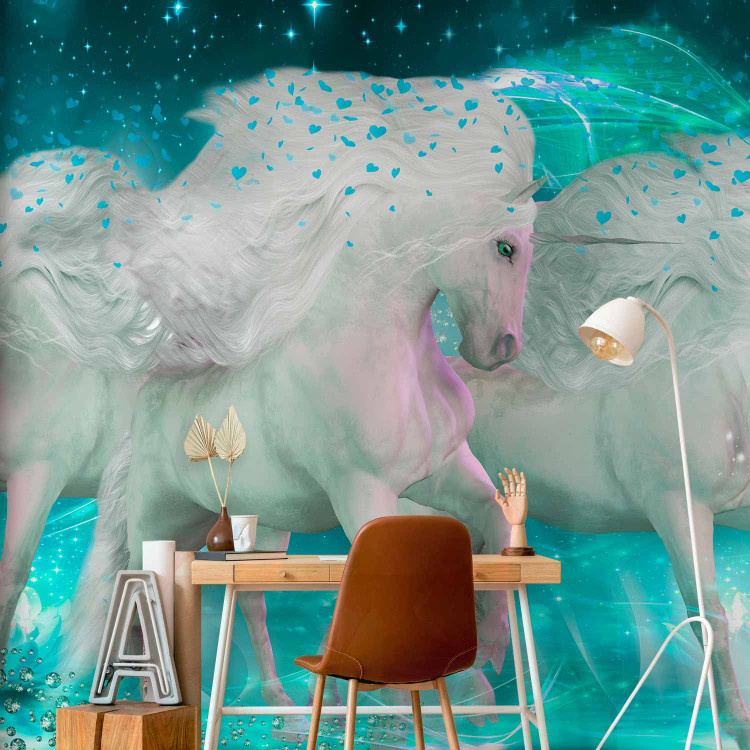 Wall Mural White unicorns - magic motif in turquoise shades with sparkle 107246 additionalImage 4