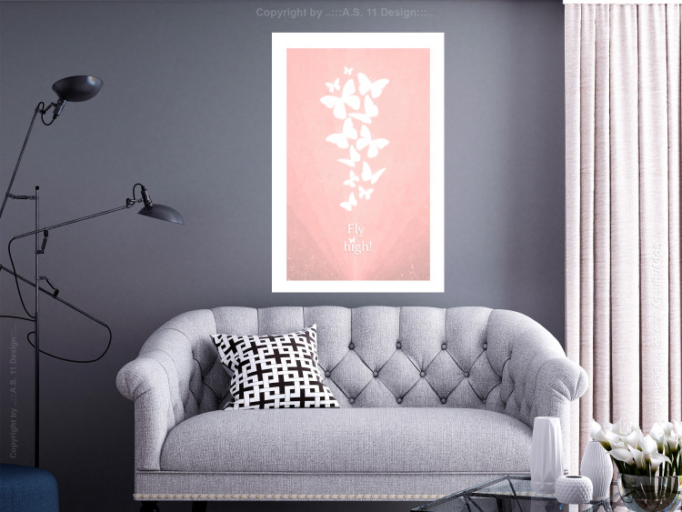 Poster Fly High! - English texts with white butterflies on a pink background 122946 additionalImage 2