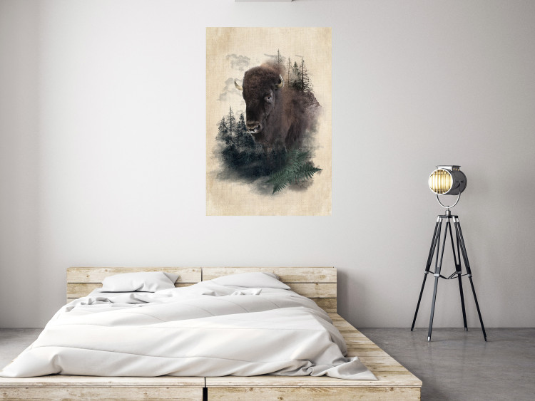 Poster Dignified Bison - animal in a forest setting on a uniform beige background 130446 additionalImage 2