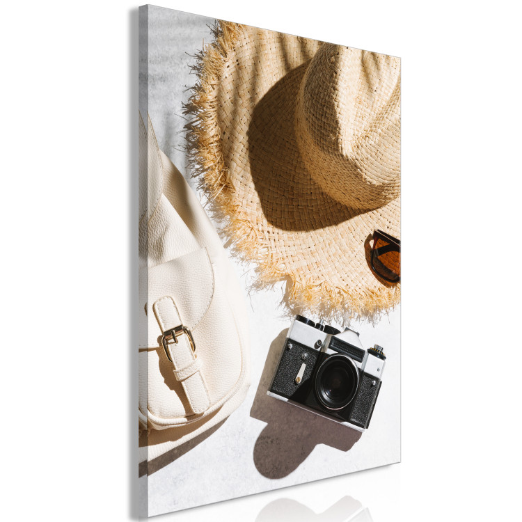 Canvas Art Print Beach composition with hat, apparatus and glasses - summer accessories lying on the beach 135546 additionalImage 2