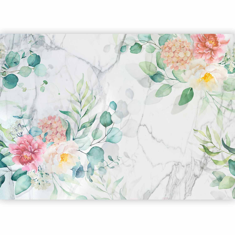 Photo Wallpaper Flowered marble - flower motif on white marble background with designs 135946 additionalImage 1