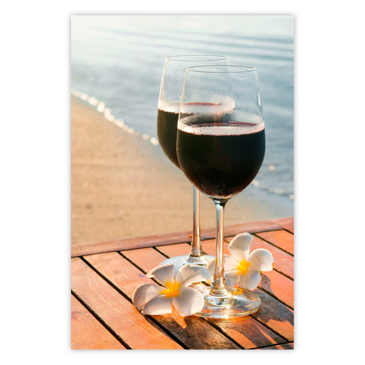 Poster Romantic Refreshment - romantic composition with wine against the sea 136046
