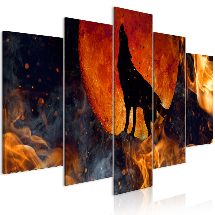 Canvas Print Wolf in Fire (5-piece) wide - black animal against moon background 138546 additionalImage 2