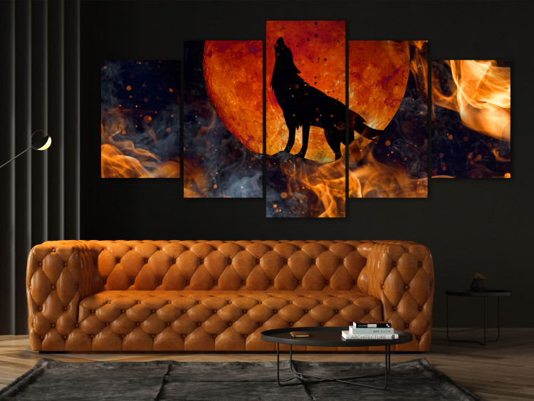 Canvas Print Wolf in Fire (5-piece) wide - black animal against moon background 138546 additionalImage 3