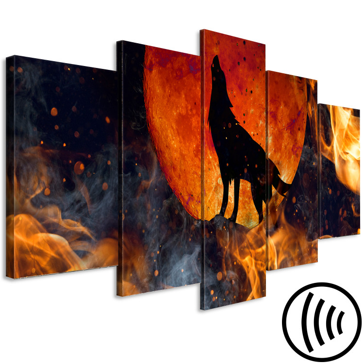 Canvas Print Wolf in Fire (5-piece) wide - black animal against moon background 138546 additionalImage 6