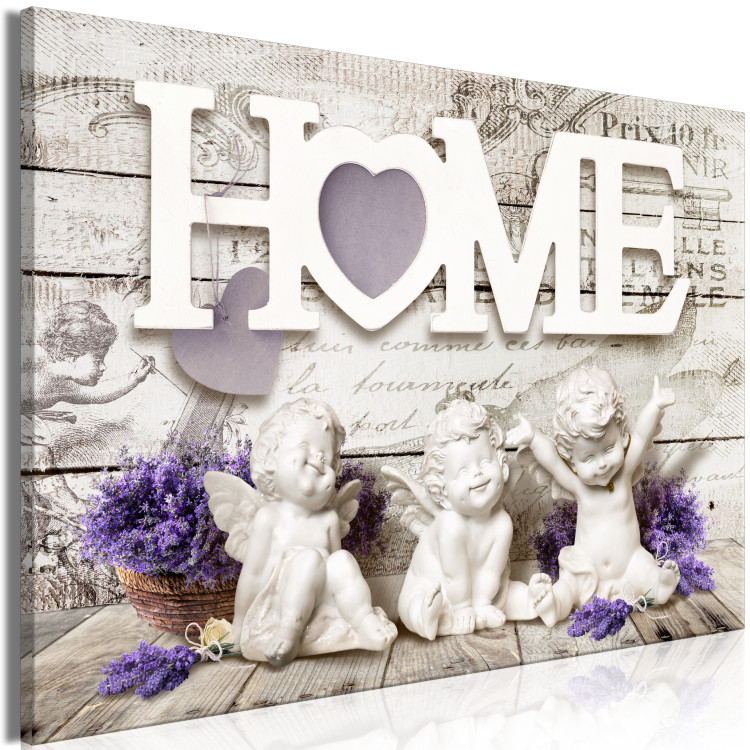 Canvas Art Print Angels' Home (1-piece) Wide - cheerful figurines and white text in the background 142246 additionalImage 2