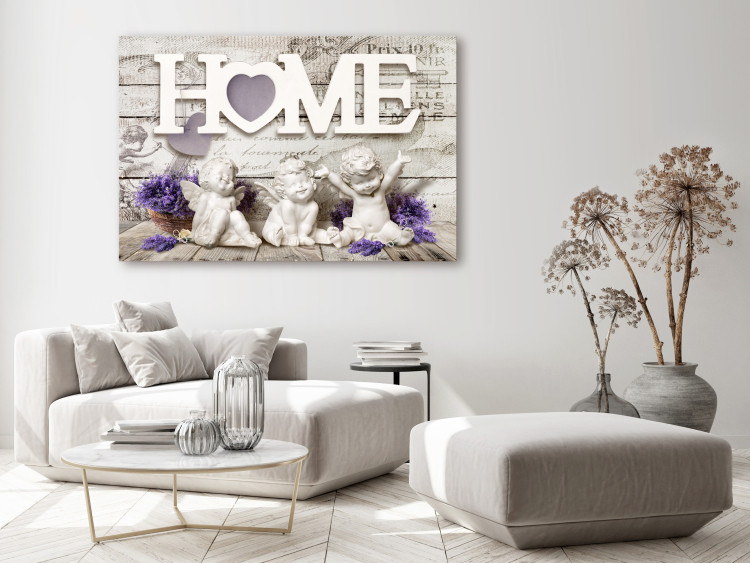 Canvas Art Print Angels' Home (1-piece) Wide - cheerful figurines and white text in the background 142246 additionalImage 3