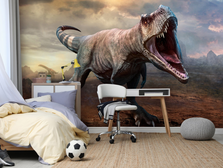 Photo Wallpaper Menacing tyrannosaurus attacks - dark landscape with dinosaur for kids 142746