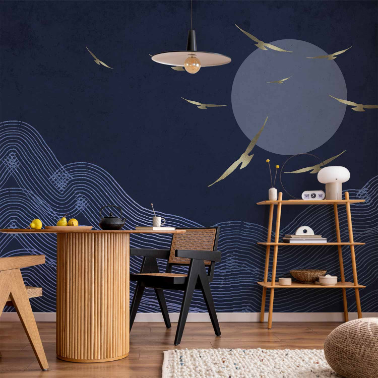 Photo Wallpaper Flying birds towards the sun - dark blue landscape with linear mountains 144646 additionalImage 6