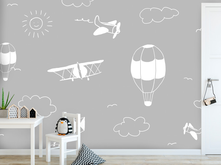 Photo Wallpaper Sky Flight - Drawn Planes Against the Background of a Gray Sky With Clouds 145146