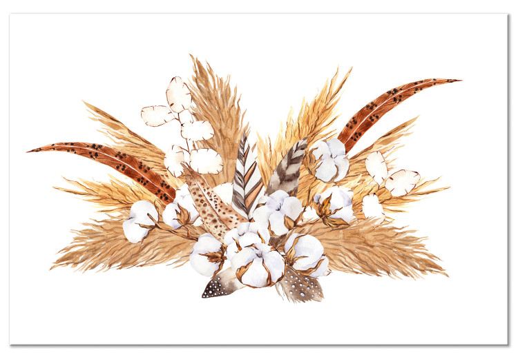 Canvas Print Watercolor Bouquet - Composition of Feathers and Dry Grass in Shades of Beige 149746