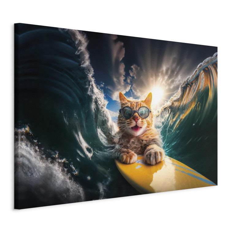 Canvas Print AI Cat - Ginger Animal Surfing on a Board in a Stormy Sea - Horizontal 150246 additionalImage 2
