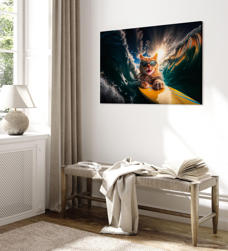 Canvas Print AI Cat - Ginger Animal Surfing on a Board in a Stormy Sea - Horizontal 150246 additionalImage 4