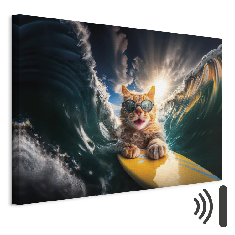 Canvas Print AI Cat - Ginger Animal Surfing on a Board in a Stormy Sea - Horizontal 150246 additionalImage 8