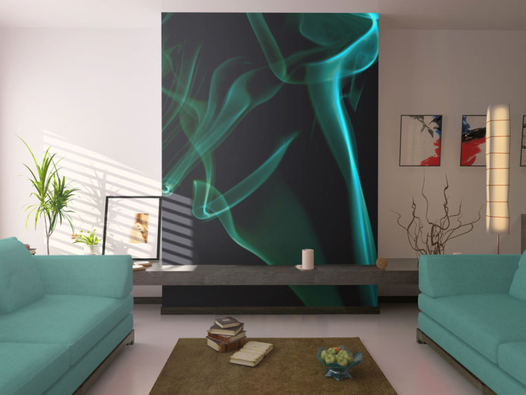 Photo Wallpaper Wavy abstraction - turquoise floating smoke in black space 97646