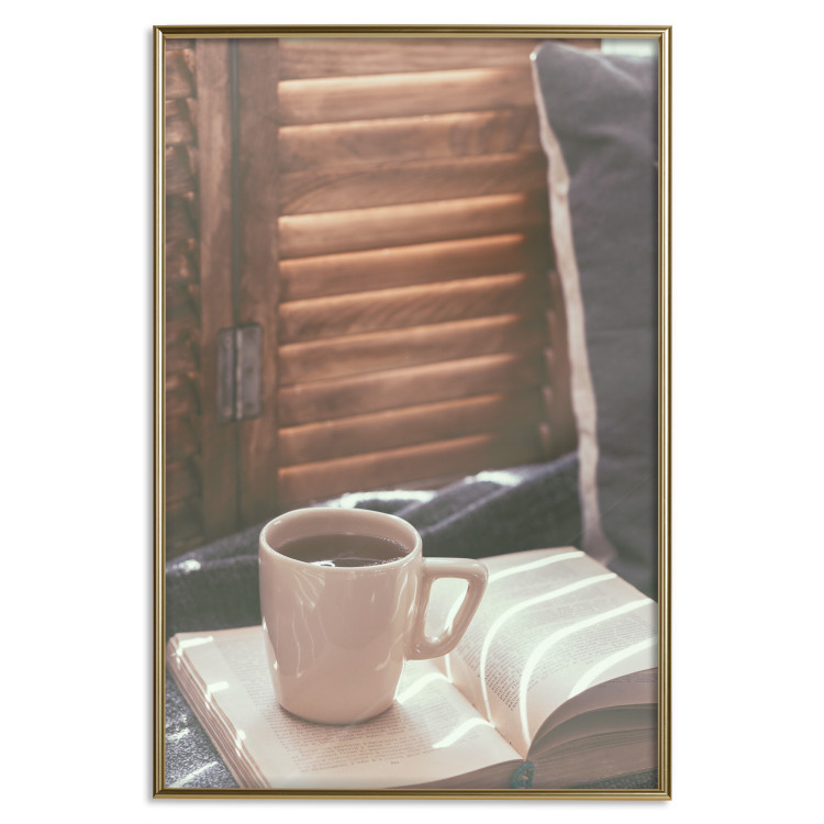 Wall Poster Mug of Memories - open book with tea against wooden doors 124456 additionalImage 20