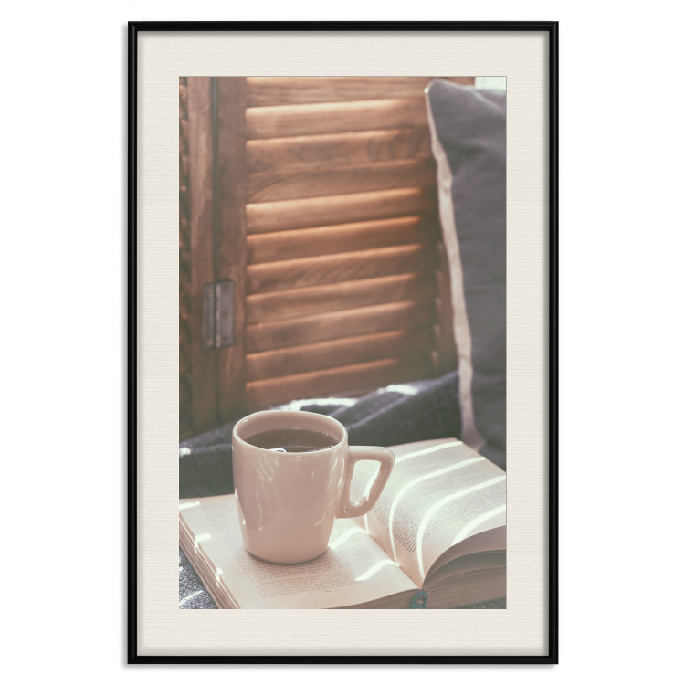 Wall Poster Mug of Memories - open book with tea against wooden doors 124456 additionalImage 18