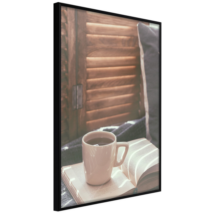 Wall Poster Mug of Memories - open book with tea against wooden doors 124456 additionalImage 12