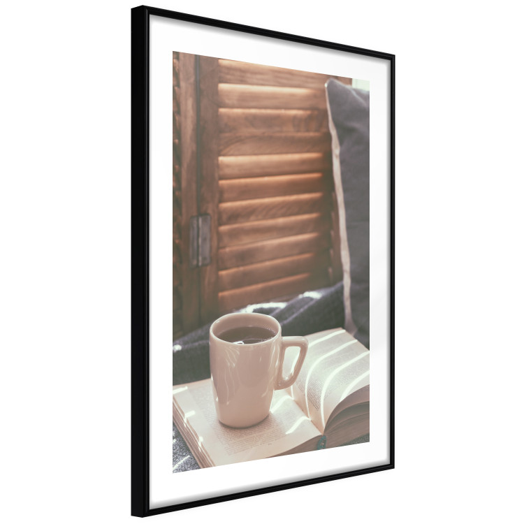 Wall Poster Mug of Memories - open book with tea against wooden doors 124456 additionalImage 13