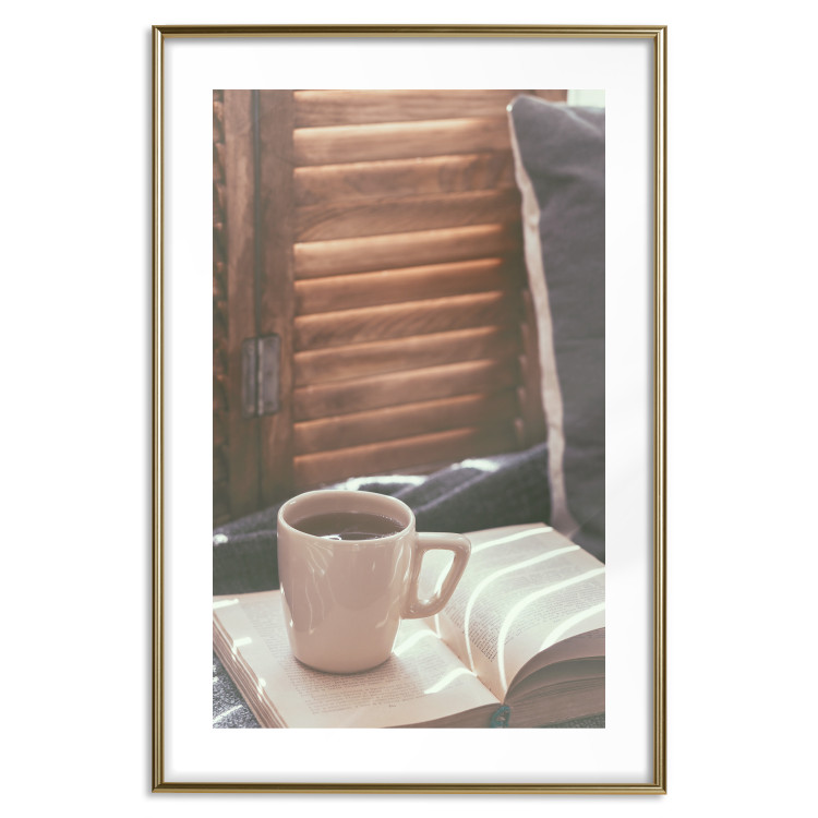 Wall Poster Mug of Memories - open book with tea against wooden doors 124456 additionalImage 14