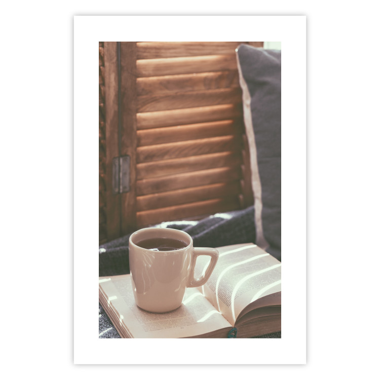 Wall Poster Mug of Memories - open book with tea against wooden doors 124456 additionalImage 25